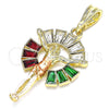 Oro Laminado Religious Pendant, Gold Filled Style Jesus and Baguette Design, with Multicolor Crystal, Polished, Tricolor, 05.380.0062