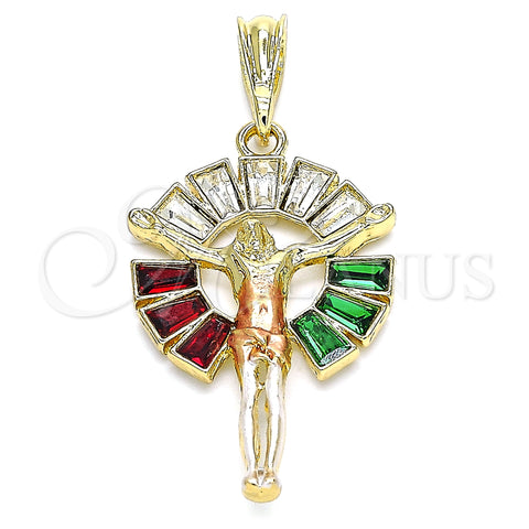 Oro Laminado Religious Pendant, Gold Filled Style Jesus and Baguette Design, with Multicolor Crystal, Polished, Tricolor, 05.380.0062