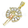 Oro Laminado Religious Pendant, Gold Filled Style Jesus and Baguette Design, with White Crystal, Polished, Tricolor, 05.380.0062.1