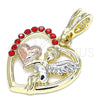 Oro Laminado Religious Pendant, Gold Filled Style Angel and Heart Design, with Garnet Crystal, Polished, Tricolor, 05.380.0066
