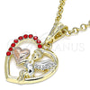 Oro Laminado Religious Pendant, Gold Filled Style Angel and Heart Design, with Garnet Crystal, Polished, Tricolor, 05.380.0066