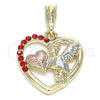 Oro Laminado Religious Pendant, Gold Filled Style Angel and Heart Design, with Garnet Crystal, Polished, Tricolor, 05.380.0066