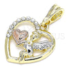 Oro Laminado Religious Pendant, Gold Filled Style Angel and Heart Design, with White Crystal, Polished, Tricolor, 05.380.0066.1