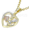 Oro Laminado Religious Pendant, Gold Filled Style Angel and Heart Design, with White Crystal, Polished, Tricolor, 05.380.0066.1