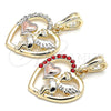Oro Laminado Religious Pendant, Gold Filled Style Angel and Heart Design, with White Crystal, Polished, Tricolor, 05.380.0066.1