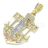 Oro Laminado Religious Pendant, Gold Filled Style Guadalupe and Anchor Design, Polished, Tricolor, 05.380.0069