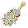 Oro Laminado Religious Pendant, Gold Filled Style Guadalupe and Flower Design, with Multicolor Crystal, Polished, Tricolor, 05.380.0082.1