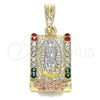 Oro Laminado Religious Pendant, Gold Filled Style Guadalupe and Flower Design, with Multicolor Crystal, Polished, Tricolor, 05.380.0083.1