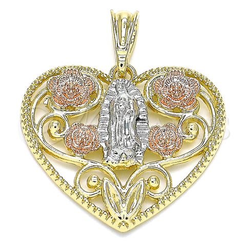 Oro Laminado Religious Pendant, Gold Filled Style Guadalupe and Flower Design, Polished, Tricolor, 05.380.0086