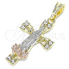 Oro Laminado Religious Pendant, Gold Filled Style Guadalupe and Cross Design, with White Crystal, Polished, Tricolor, 05.380.0087