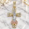Oro Laminado Religious Pendant, Gold Filled Style Guadalupe and Cross Design, with White Crystal, Polished, Tricolor, 05.380.0087