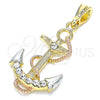 Oro Laminado Fancy Pendant, Gold Filled Style Anchor and Twist Design, with White Crystal, Polished, Tricolor, 05.380.0095