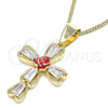 Oro Laminado Pendant Necklace, Gold Filled Style Cross and Flower Design, with White Cubic Zirconia, Red Enamel Finish, Golden Finish, 04.380.0013.20 (02 MM Thickness, 20 Inches Length)