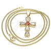 Oro Laminado Pendant Necklace, Gold Filled Style Cross and Flower Design, with White Cubic Zirconia, Red Enamel Finish, Golden Finish, 04.380.0013.20 (02 MM Thickness, 20 Inches Length)