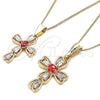 Oro Laminado Pendant Necklace, Gold Filled Style Cross and Flower Design, with White Cubic Zirconia, Red Enamel Finish, Golden Finish, 04.380.0013.20 (02 MM Thickness, 20 Inches Length)
