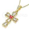 Oro Laminado Pendant Necklace, Gold Filled Style Cross and Flower Design, with White Crystal, Red Enamel Finish, Golden Finish, 04.380.0014.20 (02 MM Thickness, 20 Inches Length)