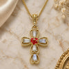 Oro Laminado Pendant Necklace, Gold Filled Style Cross and Flower Design, with White Crystal, Red Enamel Finish, Golden Finish, 04.380.0014.20 (02 MM Thickness, 20 Inches Length)