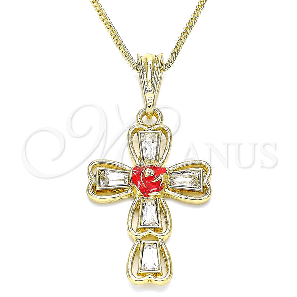 Oro Laminado Pendant Necklace, Gold Filled Style Cross and Flower Design, with White Crystal, Red Enamel Finish, Golden Finish, 04.380.0014.20 (02 MM Thickness, 20 Inches Length)