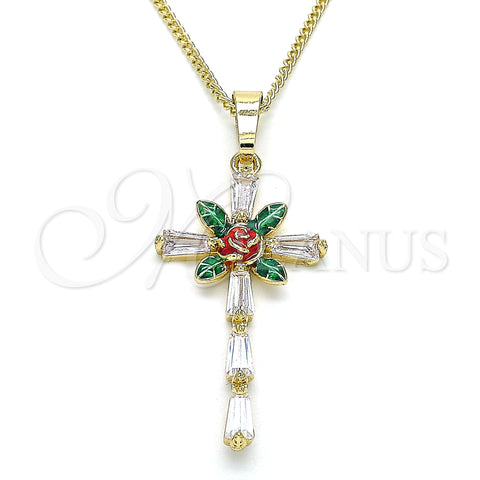 Oro Laminado Pendant Necklace, Gold Filled Style Cross and Flower Design, with White Cubic Zirconia, Red Enamel Finish, Golden Finish, 04.380.0016.20 (02 MM Thickness, 20 Inches Length)
