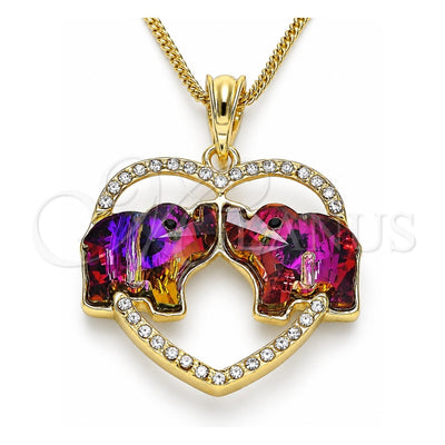 Oro Laminado Pendant Necklace, Gold Filled Style Elephant and Heart Design, with Amethyst and White Crystal, Polished, Golden Finish, 04.380.0023.1.20 (02 MM Thickness, 20 Inches Length)