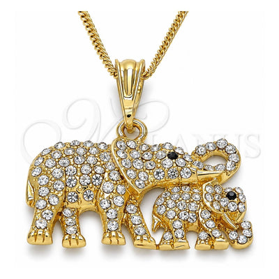 Oro Laminado Pendant Necklace, Gold Filled Style Elephant Design, with White and Black Crystal, Polished, Golden Finish, 04.380.0024.20 (02 MM Thickness, 20 Inches Length)