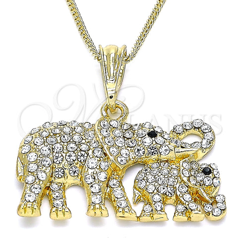 Oro Laminado Pendant Necklace, Gold Filled Style Elephant Design, with White and Black Crystal, Polished, Golden Finish, 04.380.0024.20 (02 MM Thickness, 20 Inches Length)