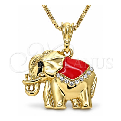 Oro Laminado Pendant Necklace, Gold Filled Style Elephant Design, with White and Black Crystal, Red Enamel Finish, Golden Finish, 04.380.0025.2.20 (02 MM Thickness, 20 Inches Length)