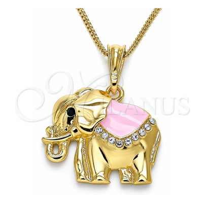 Oro Laminado Pendant Necklace, Gold Filled Style Elephant Design, with White and Black Crystal, Pink Enamel Finish, Golden Finish, 04.380.0025.4.20 (02 MM Thickness, 20 Inches Length)