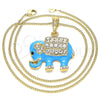 Oro Laminado Pendant Necklace, Gold Filled Style Elephant Design, with White and Black Crystal, Blue Enamel Finish, Golden Finish, 04.380.0026.3.20 (02 MM Thickness, 20 Inches Length)
