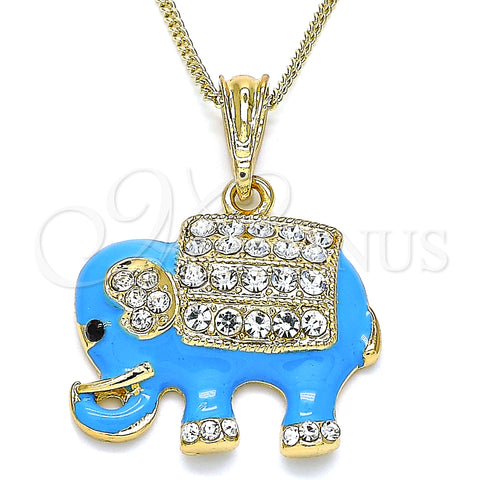 Oro Laminado Pendant Necklace, Gold Filled Style Elephant Design, with White and Black Crystal, Blue Enamel Finish, Golden Finish, 04.380.0026.3.20 (02 MM Thickness, 20 Inches Length)
