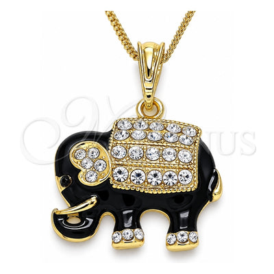 Oro Laminado Pendant Necklace, Gold Filled Style Elephant Design, with White and Black Crystal, Black Enamel Finish, Golden Finish, 04.380.0026.4.20 (02 MM Thickness, 20 Inches Length)
