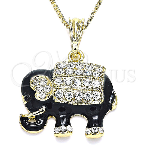 Oro Laminado Pendant Necklace, Gold Filled Style Elephant Design, with White and Black Crystal, Black Enamel Finish, Golden Finish, 04.380.0026.4.20 (02 MM Thickness, 20 Inches Length)