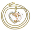 Oro Laminado Pendant Necklace, Gold Filled Style Heart and Dolphin Design, with White and Black Crystal, Polished, Tricolor, 04.380.0029.20 (02 MM Thickness, 20 Inches Length)