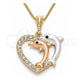 Oro Laminado Pendant Necklace, Gold Filled Style Heart and Dolphin Design, with White and Black Crystal, Polished, Tricolor, 04.380.0029.20 (02 MM Thickness, 20 Inches Length)