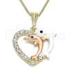 Oro Laminado Pendant Necklace, Gold Filled Style Heart and Dolphin Design, with White and Black Crystal, Polished, Tricolor, 04.380.0029.20 (02 MM Thickness, 20 Inches Length)