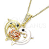 Oro Laminado Pendant Necklace, Gold Filled Style Dolphin and Flower Design, with Black Crystal, Polished, Tricolor, 04.380.0030.20 (02 MM Thickness, 20 Inches Length)