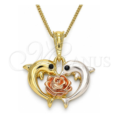 Oro Laminado Pendant Necklace, Gold Filled Style Dolphin and Flower Design, with Black Crystal, Polished, Tricolor, 04.380.0030.20 (02 MM Thickness, 20 Inches Length)