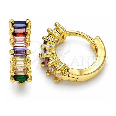 Oro Laminado Huggie Hoop, Gold Filled Style Baguette Design, with Multicolor Cubic Zirconia, Polished, Golden Finish, 02.381.0011.1.12