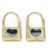 Oro Laminado Huggie Hoop, Gold Filled Style Lock and Heart Design, with White Micro Pave, Black Enamel Finish, Golden Finish, 02.213.0210.10