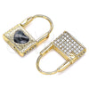 Oro Laminado Huggie Hoop, Gold Filled Style Lock and Heart Design, with White Micro Pave, Black Enamel Finish, Golden Finish, 02.213.0210.10
