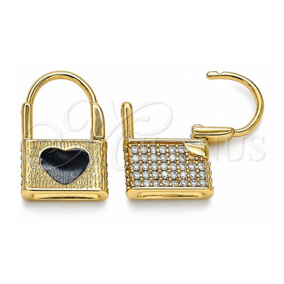 Oro Laminado Huggie Hoop, Gold Filled Style Lock and Heart Design, with White Micro Pave, Black Enamel Finish, Golden Finish, 02.213.0210.10