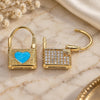 Oro Laminado Huggie Hoop, Gold Filled Style Lock and Heart Design, with White Micro Pave, Blue Enamel Finish, Golden Finish, 02.213.0210.2.10