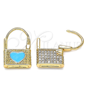Gold Filled Hoop Earrings — Huggie Hoop Lock and Heart Design with White — main product view — SKU 140383 | Oro Laminado aretes de aro — Huggie Hoop Lock and corazón diseño with blanco — SKU 140383