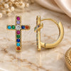 Oro Laminado Huggie Hoop, Gold Filled Style Cross Design, with Multicolor Cubic Zirconia, Polished, Golden Finish, 02.210.0450.1.15