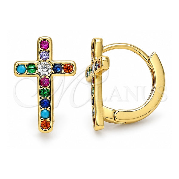Oro Laminado Huggie Hoop, Gold Filled Style Cross Design, with Multicolor Cubic Zirconia, Polished, Golden Finish, 02.210.0450.1.15