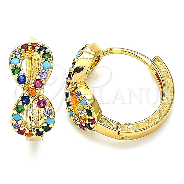 Gold Filled Hoop Earrings — Huggie Hoop Infinite Design with Multicolor Micro Pave — main product view — SKU 140387 | Oro Laminado aretes de aro — Huggie Hoop Infinite diseño with Multicolor Micro Pave — SKU 140387