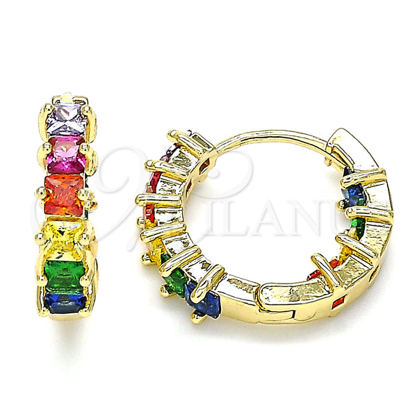 Gold Filled Hoop Earrings — Huggie Hoop Baguette Design with Multicolor Cubic Zirconia — main product view — SKU 140397 | Oro Laminado aretes de aro — Huggie Hoop Baguette diseño with Multicolor Cubic Zirconia — SKU 140397