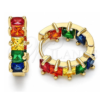 Oro Laminado Huggie Hoop, Gold Filled Style Baguette Design, with Multicolor Cubic Zirconia, Polished, Golden Finish, 02.210.0458.15
