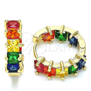 Gold Filled Hoop Earrings — Huggie Hoop Baguette Design with Multicolor Cubic Zirconia — main product view — SKU 140399 | Oro Laminado aretes de aro — Huggie Hoop Baguette diseño with Multicolor Cubic Zirconia — SKU 140399