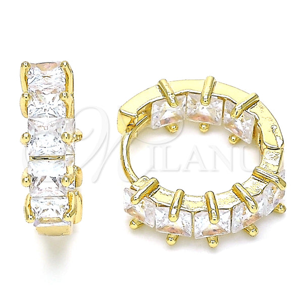 Oro Laminado Huggie Hoop, Gold Filled Style Baguette Design, with White Cubic Zirconia, Polished, Golden Finish, 02.210.0458.1.15